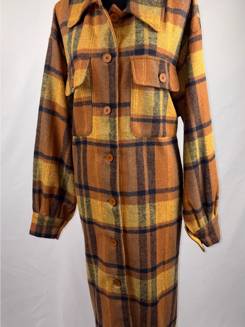 SHEIN Plaid Trench Coat in Mustard & Brown